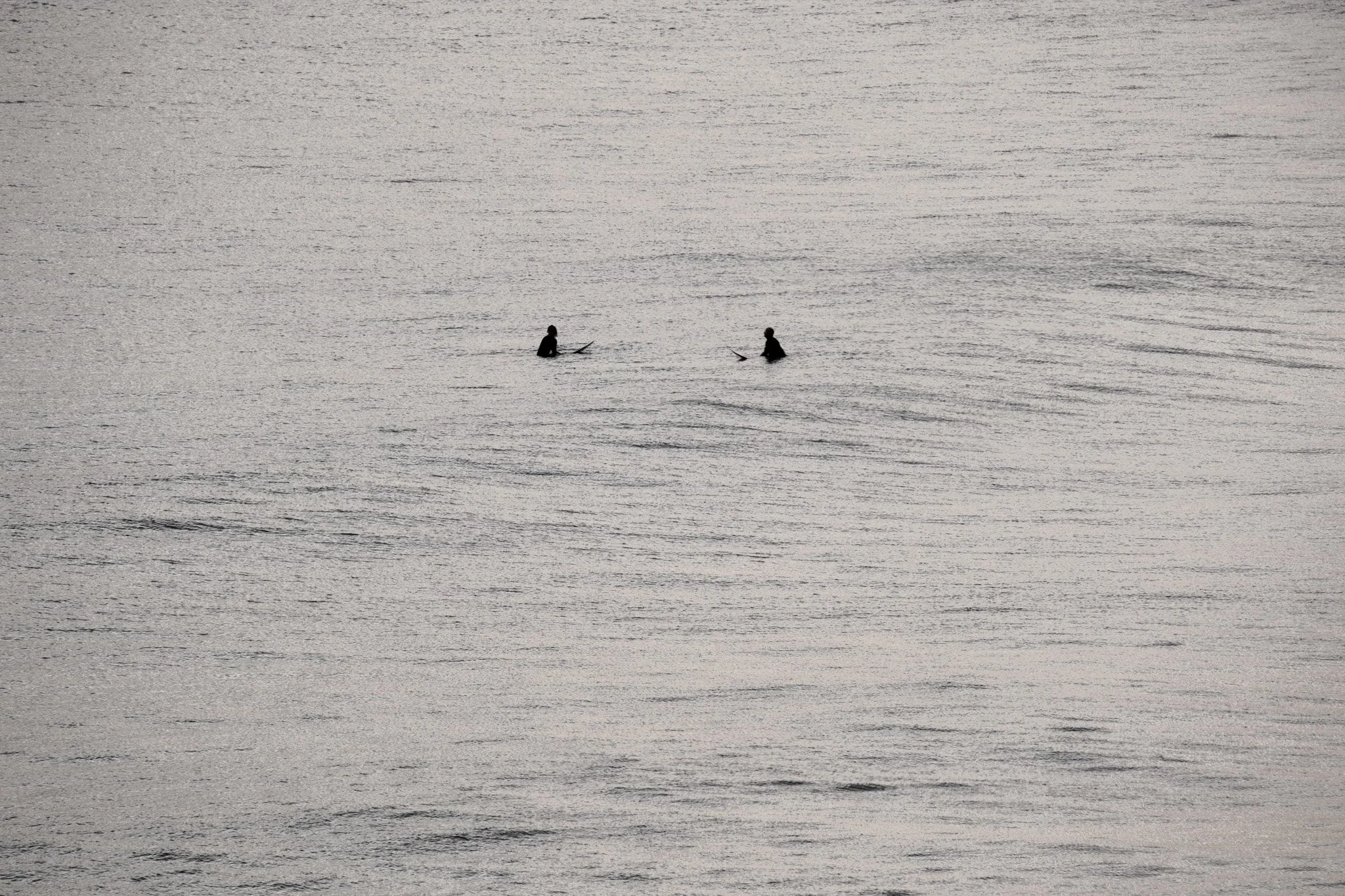 Two surfers silhouette in water at Mount Main Beach in New Zealand