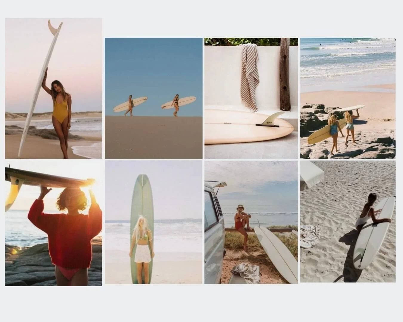 Mood board of women getting ready to go for a longboard surf
