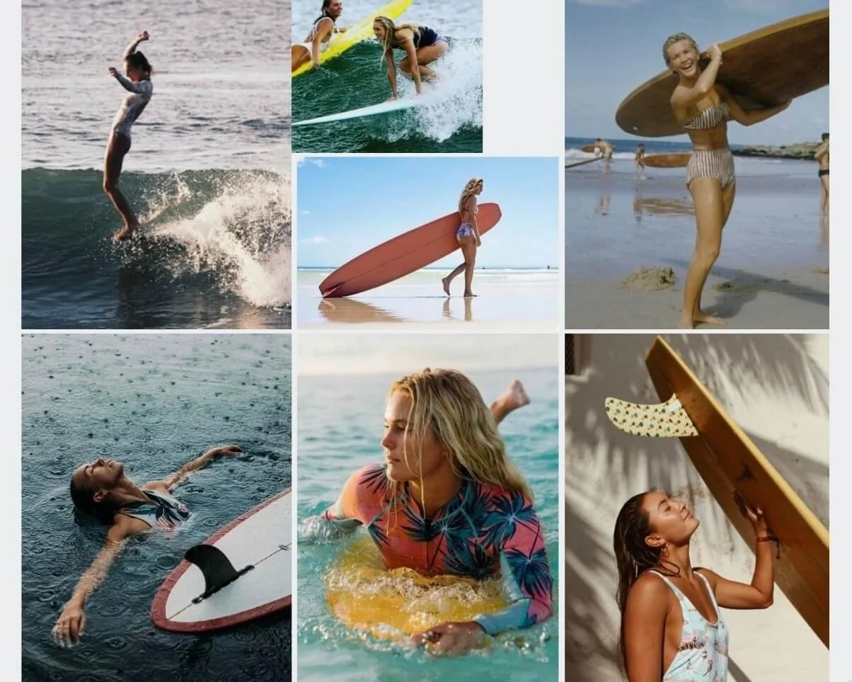 Mood board of women surfing on longboards