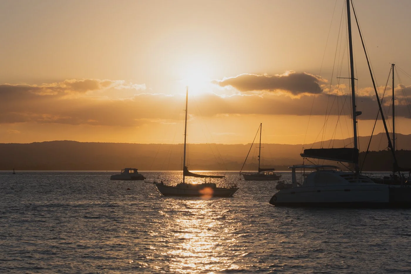 Sailboats anchored in Pilot Bay, Mount Maunganui, silhouetted against a golden sunset reflecting across the harbour.