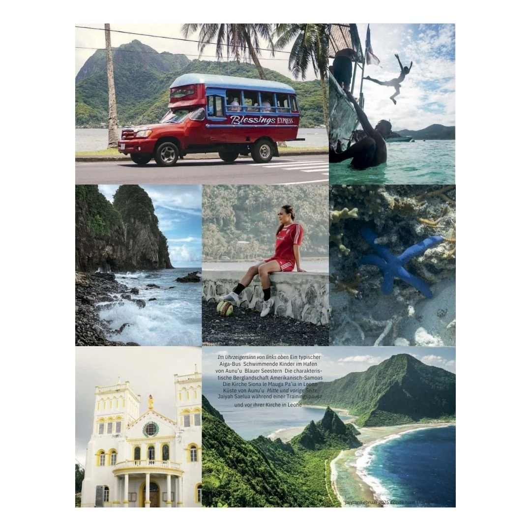 Condé Nast Traveller Germany feature on American Samoa, including Lou Lou B Photo's photograph of a blue sea star on the reef.