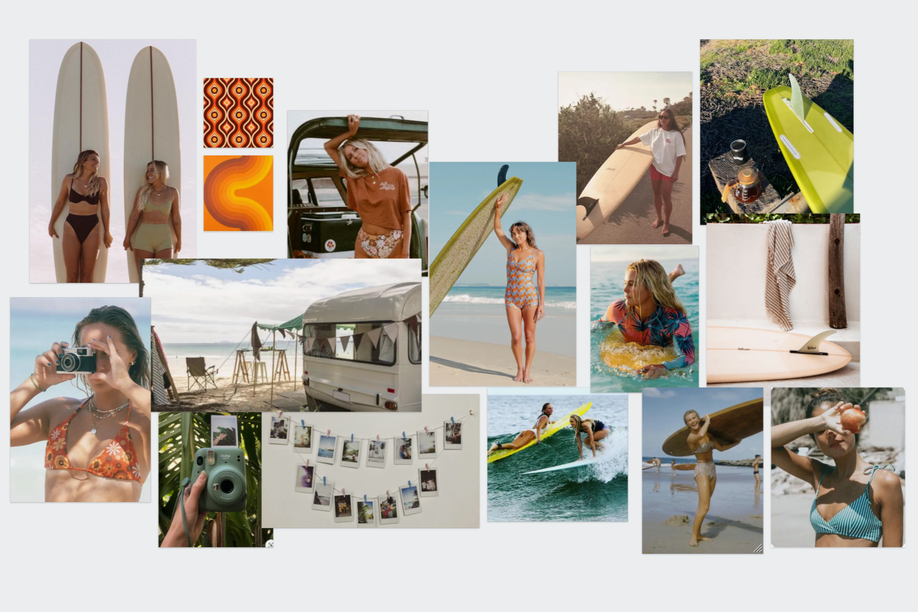 mood board for brand photography showing retro surf lifestyle inspiration colour palette styling references and coastal textures