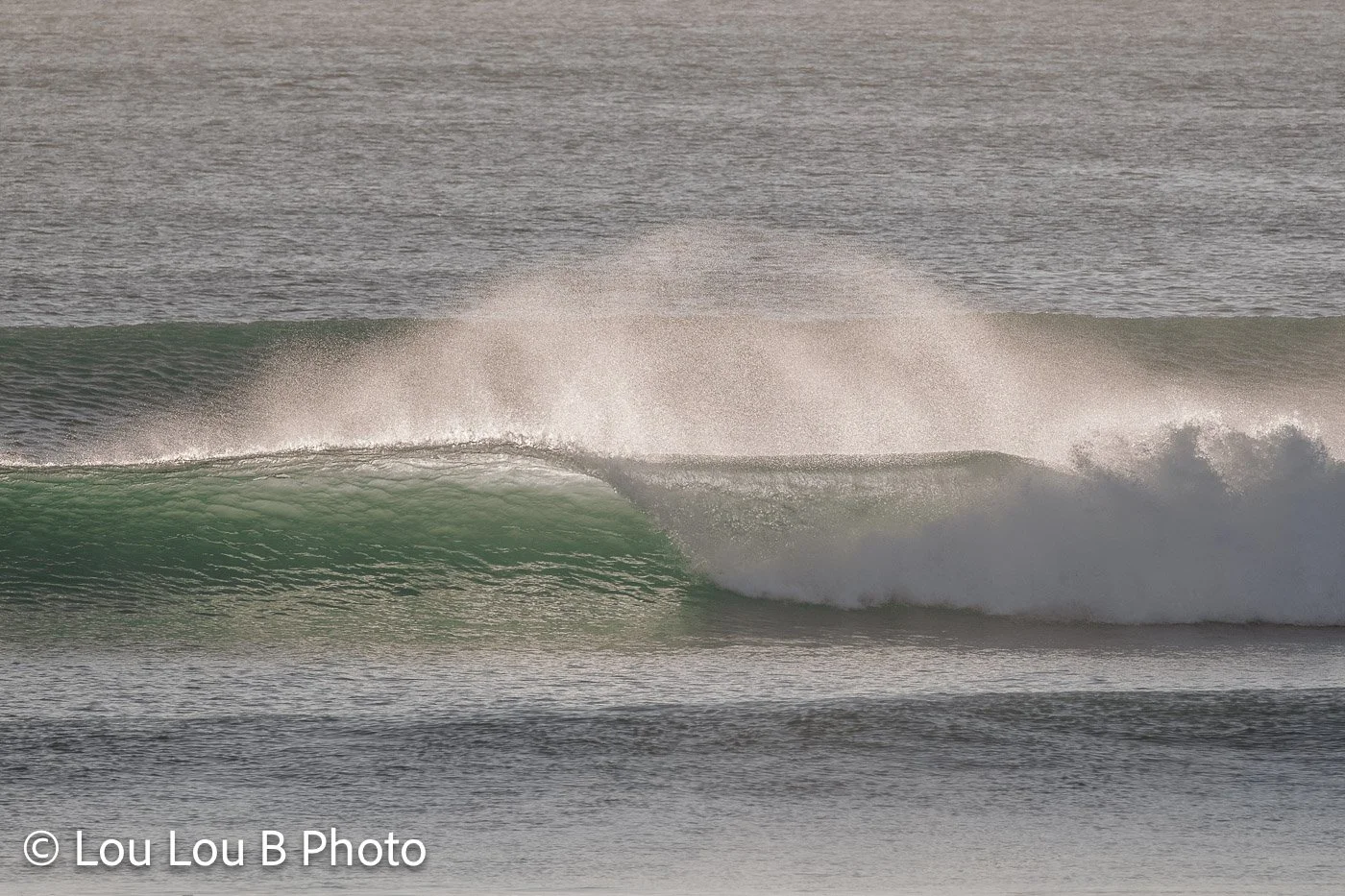 Green wave breaking with white spray across a muted blue seascape.