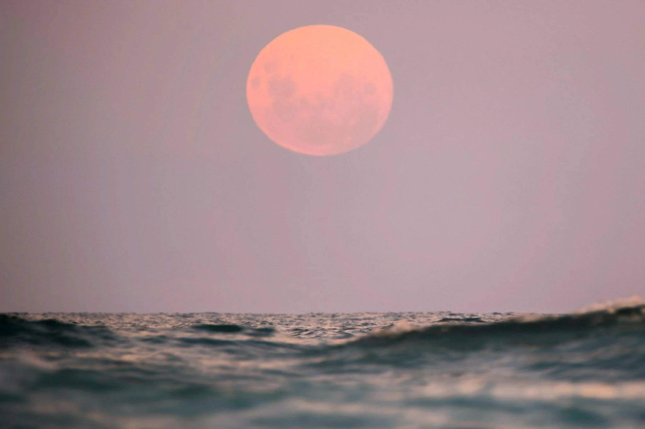 Behold the magnificent sight of a pink full moon rising above the serene blue ocean surface. This stunning photograph captures the mesmerizing contrast of colors as the vibrant pink moon illuminates the calm blue ocean, creating an enchanting and ser