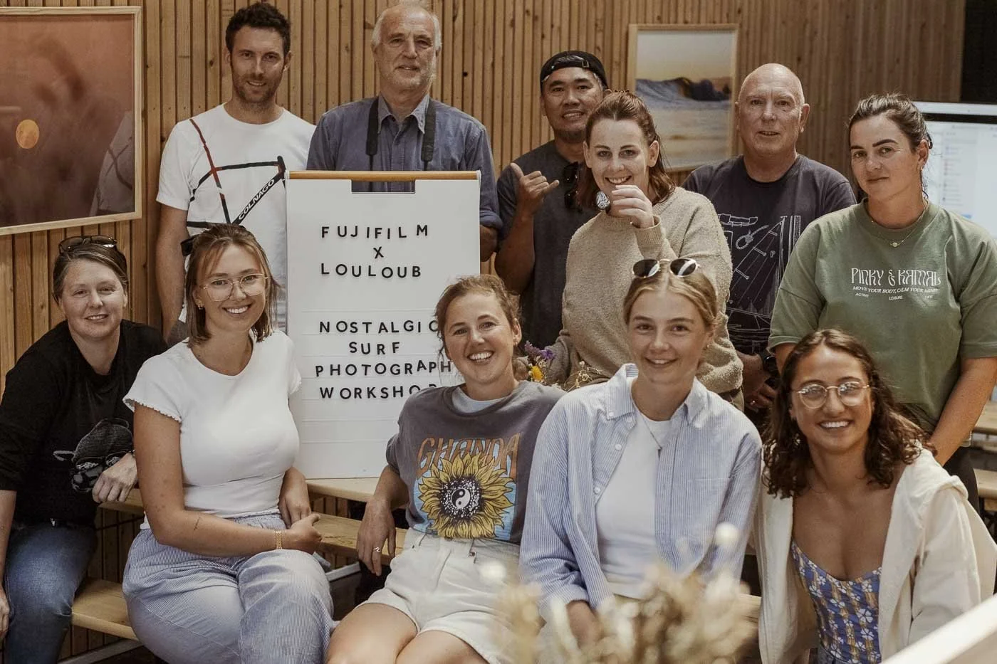 group photo from Nostalgic Surf styled surf photography workshop with Fujifilm participants campaign shoot learning session behind the scenes photography masterclass