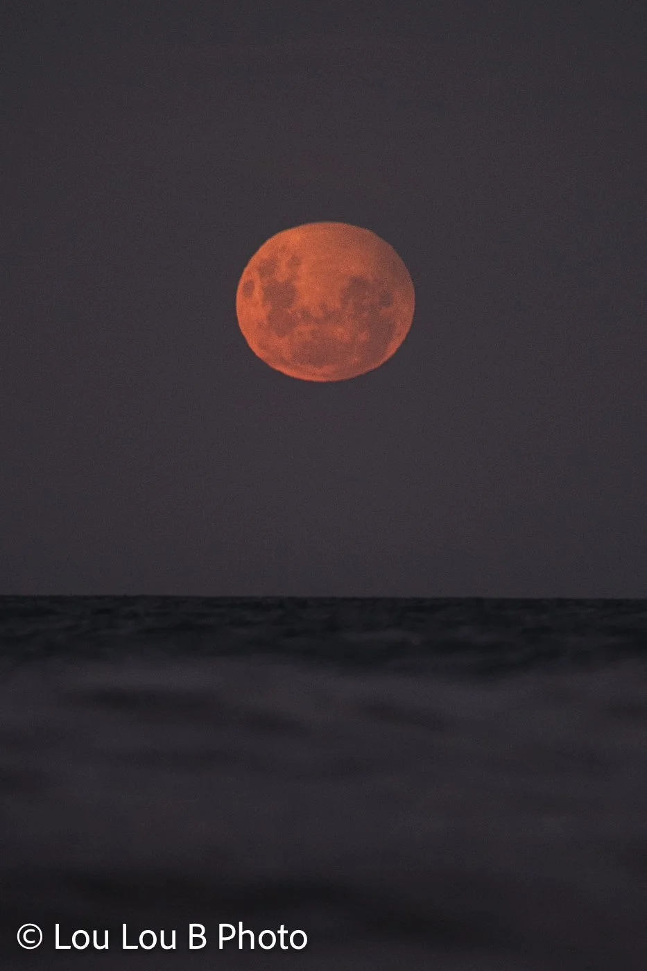 Red full moon rising above the ocean at twilight.