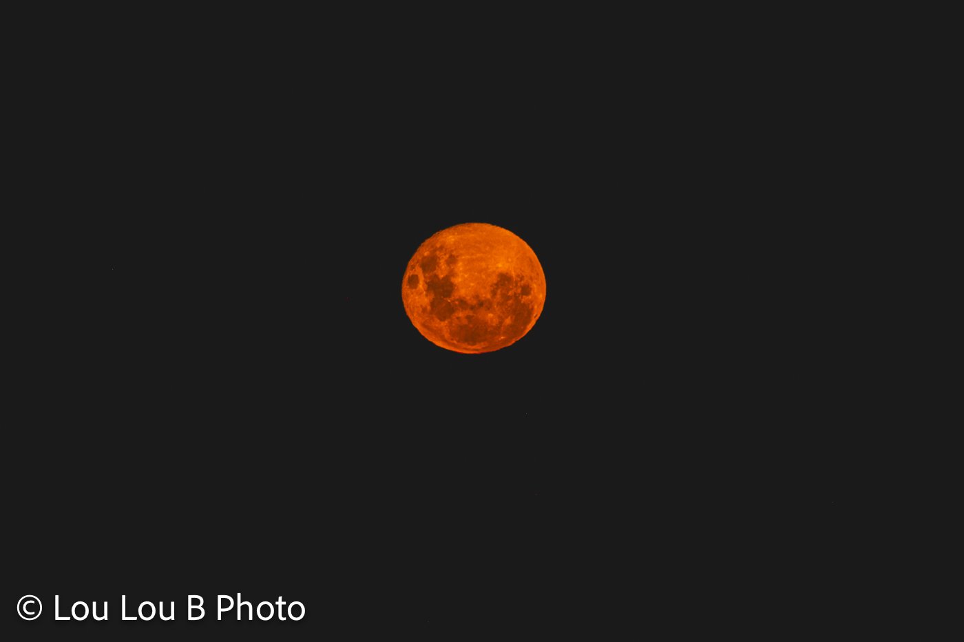 Small orange full moon glowing against a dark night sky with negative space.