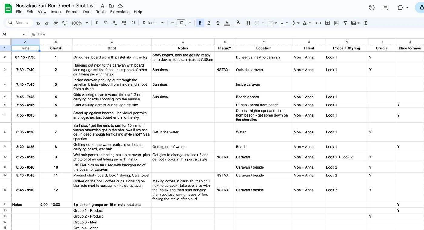 Example shot list showing how to build a shot list for brand photography