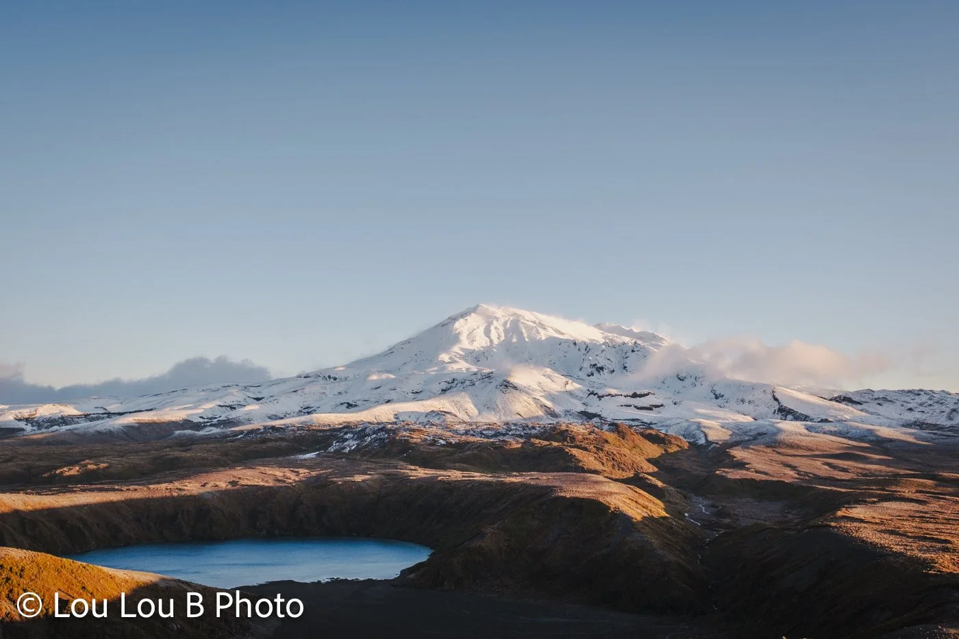 Snow-covered Mount Ruapehu and Tama Lakes in Tongariro National Park, New Zealand