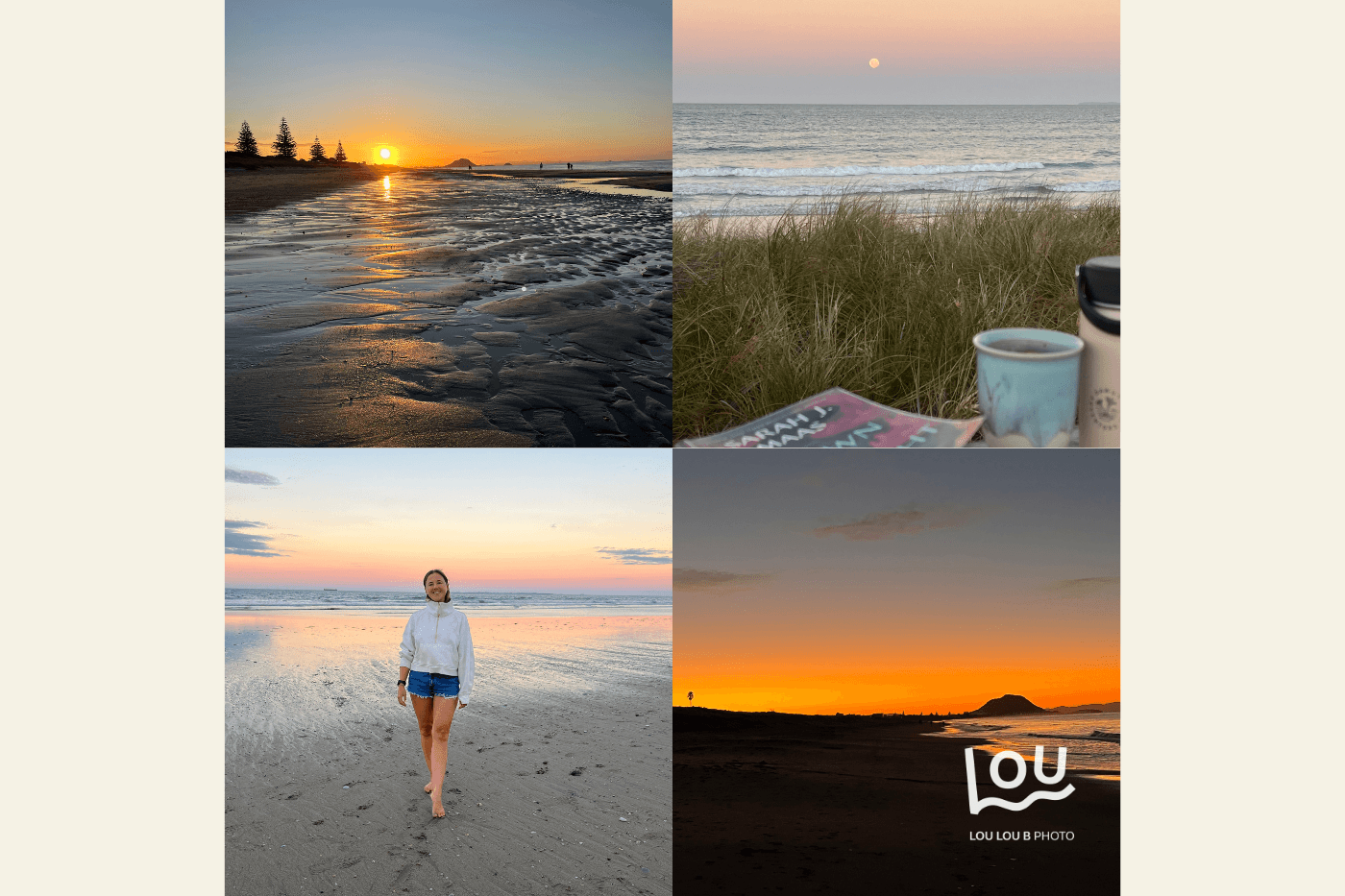 Evening sunset scenes around Mount Maunganui including beach reflections, ocean horizon views and Mauao silhouette light