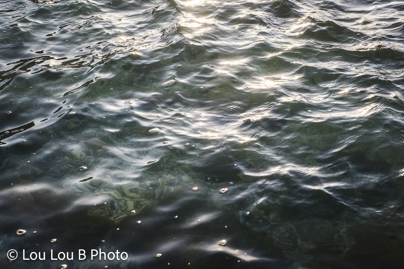 Textured deep blue-green ocean surface catching points of silver sunlight.