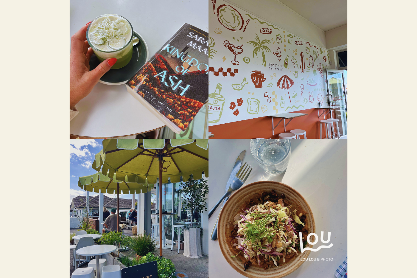 Collage of Somethin’ Somethin’ café in Mount Maunganui featuring a white chocolate cold foam matcha, bang bang chicken salad, outdoor seating under parasols, and colourful beach-life mural interior.