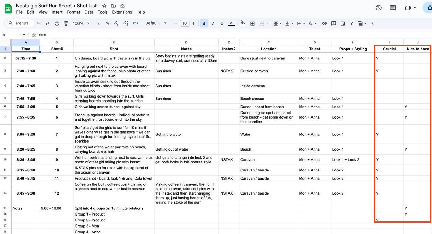 Shot list example showing where to mark in the must-have vs nice-to-have images