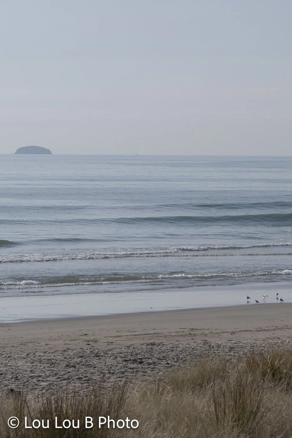 Quiet pale blue ocean and beach with a distant island on the horizon beneath a hazy sky.