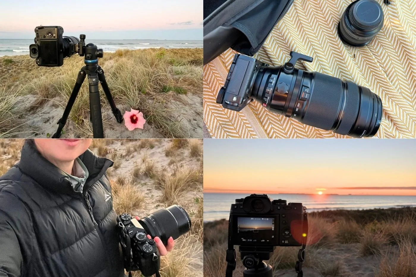 Camera gear and photographer shooting in the coastal dunes at sunrise and sunset