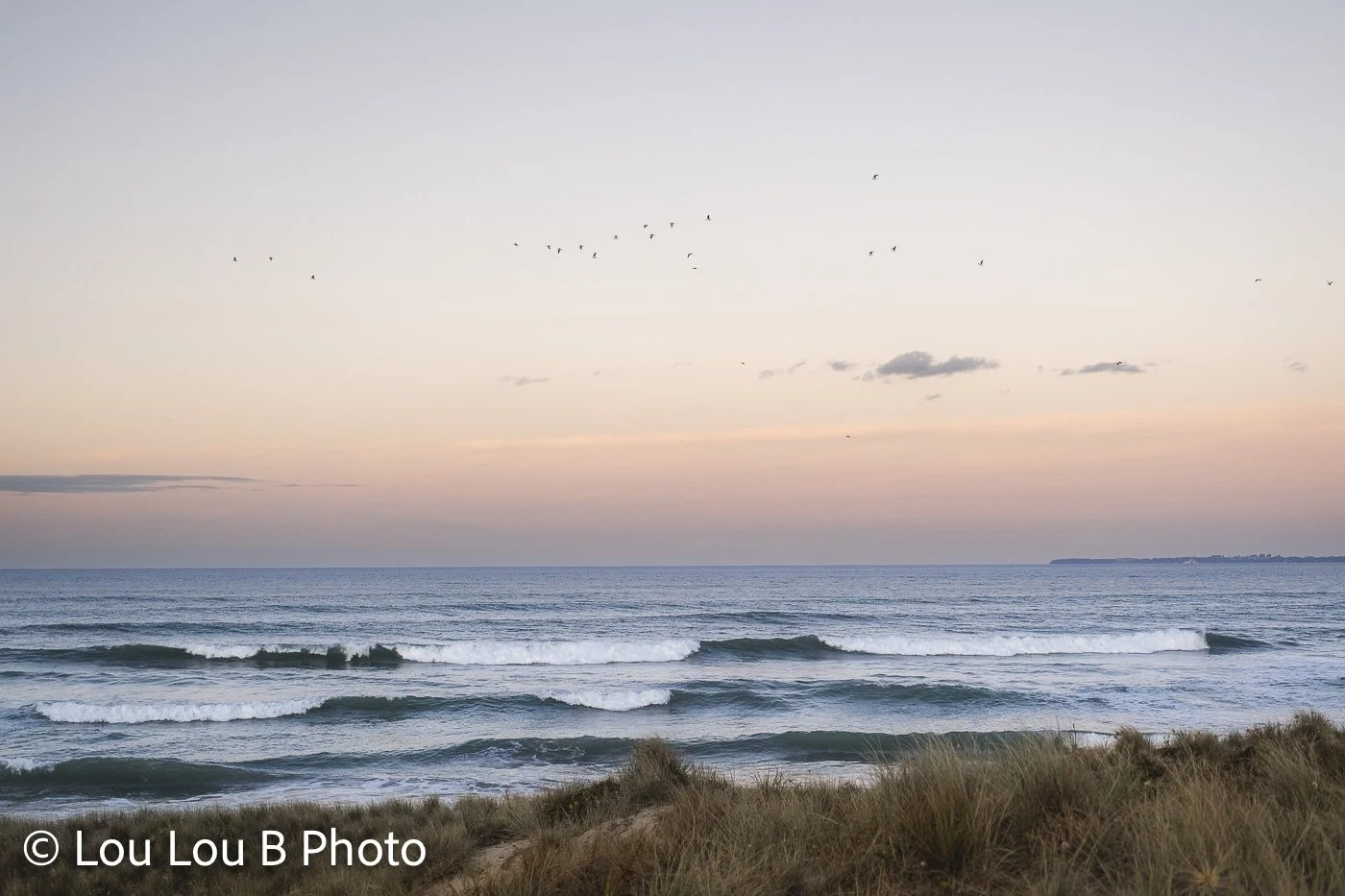 Parallel ocean waves approaching the coast beneath a pale pink and blue evening sky.