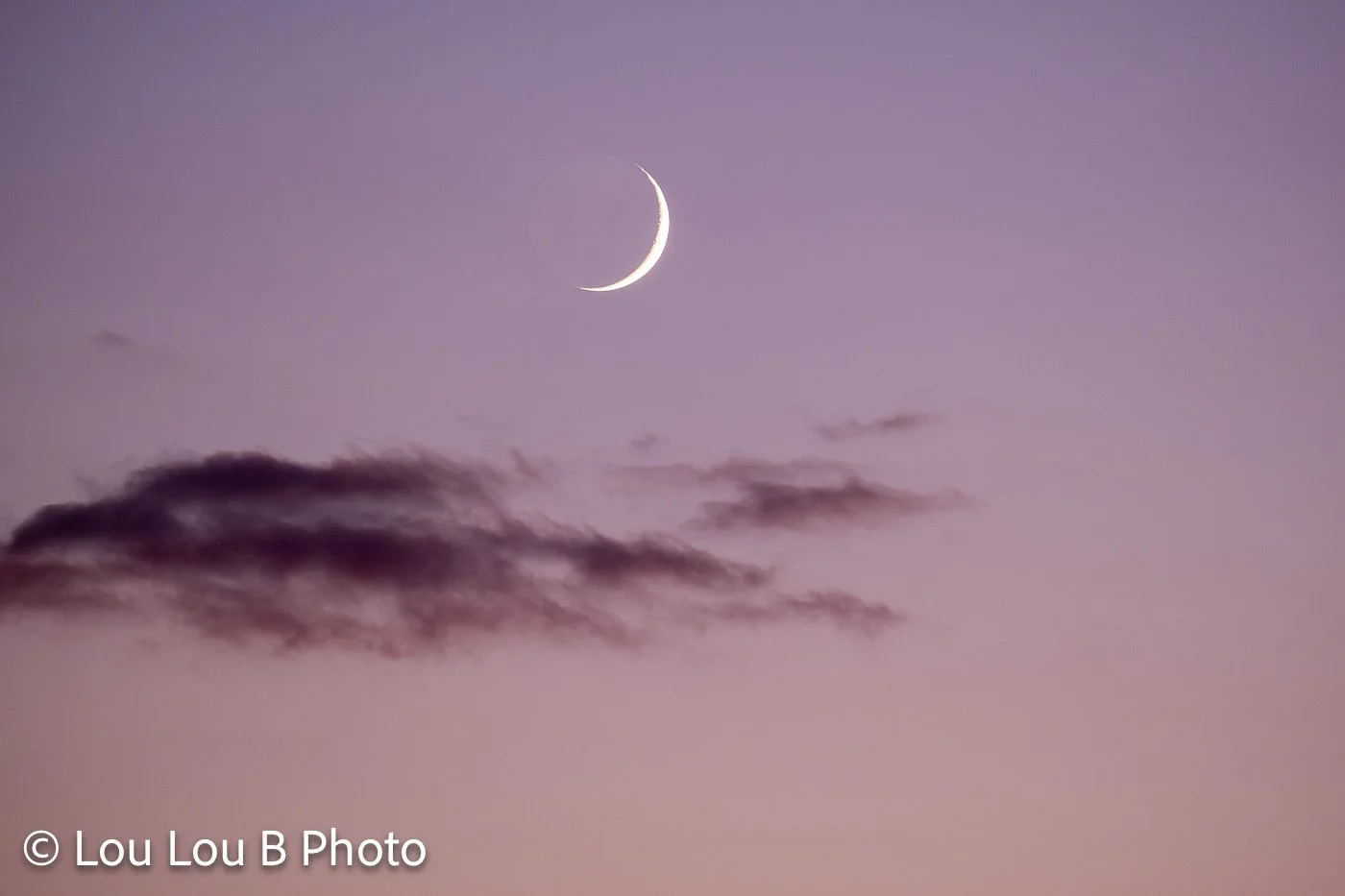 Bright crescent moon above a dark cloud in a soft pink and lavender twilight sky.