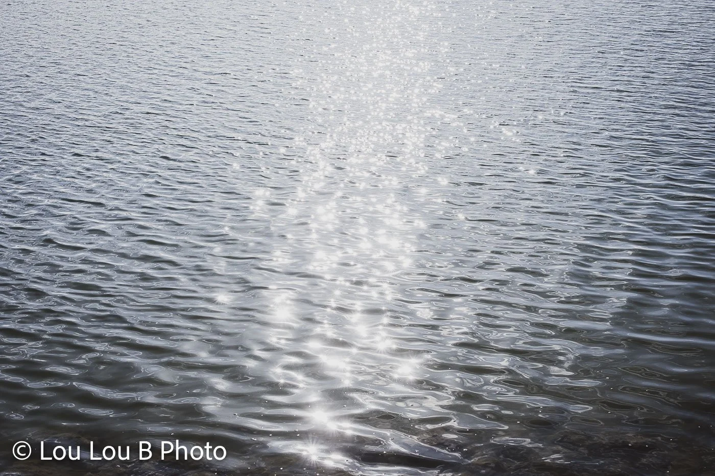 Sunlight sparkling across gently rippled silver-grey ocean water.