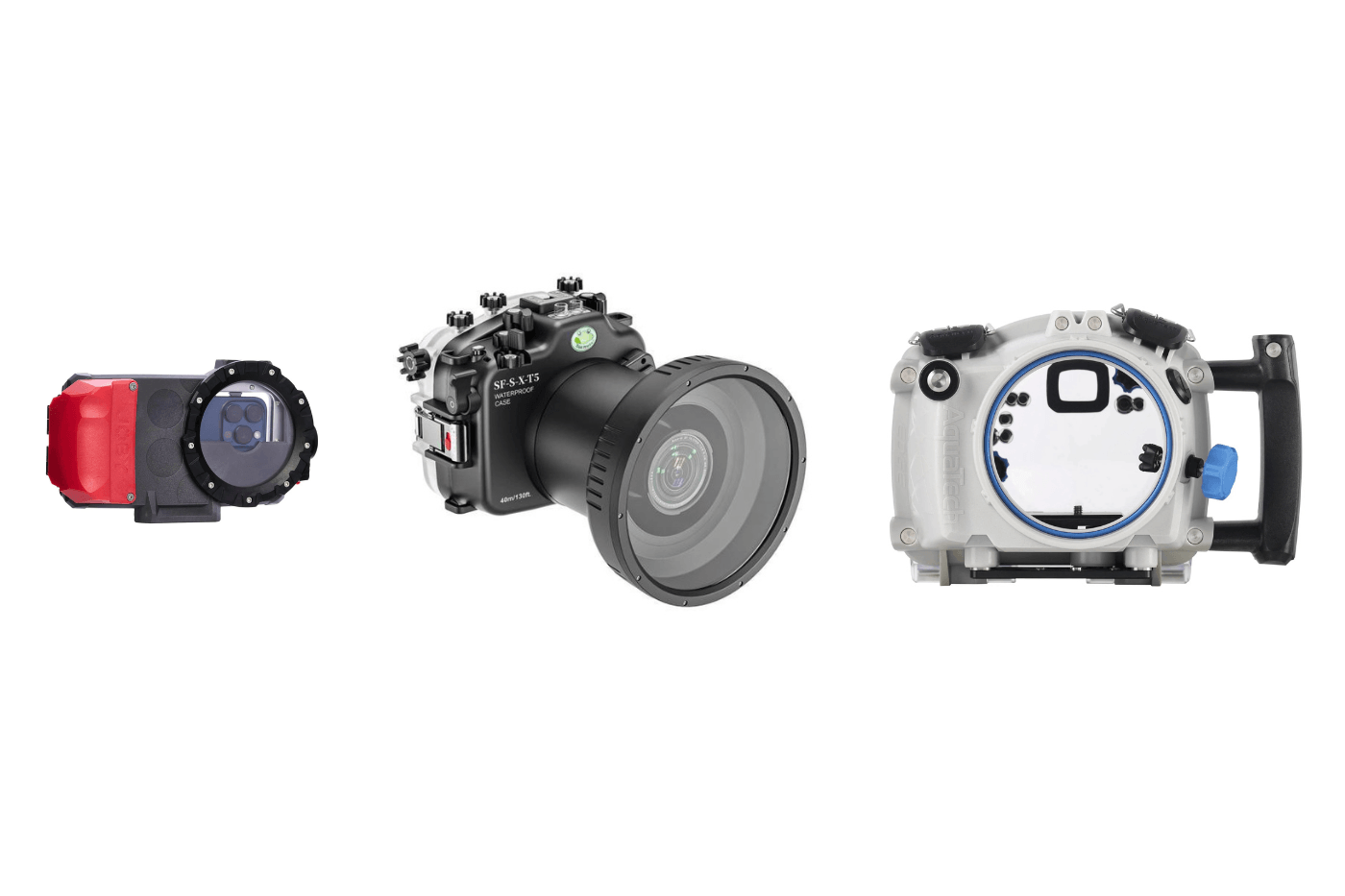 surf photography water housing comparison including JOBY SeaPal Seafrogs and Aquatech Edge Pro