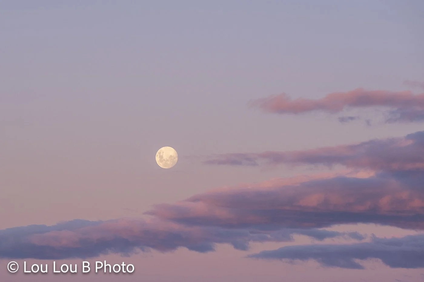 Full moon surrounded by layers of pink and lavender clouds in a pastel twilight sky.
