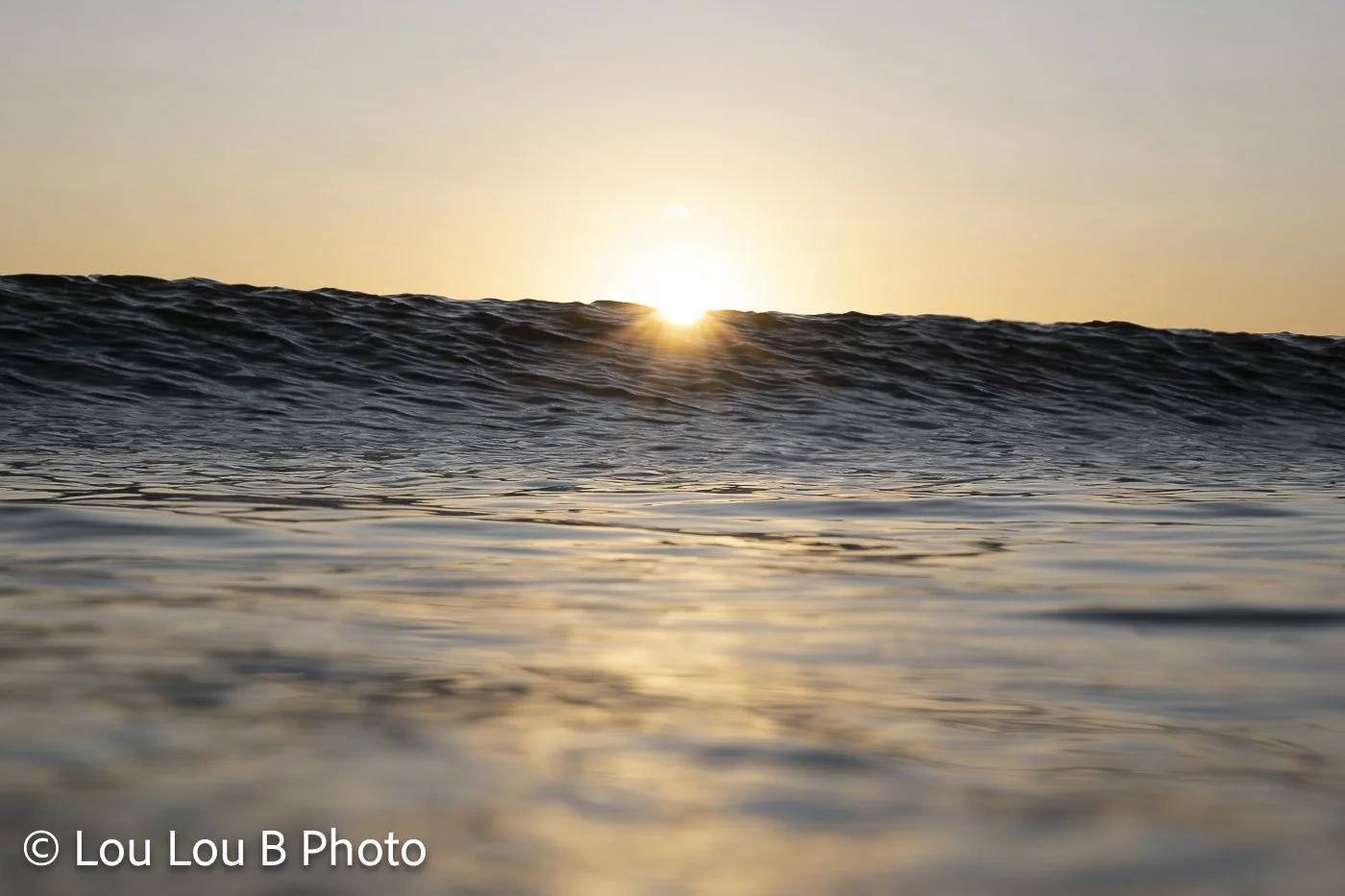 Sun rising behind an ocean swell with warm golden light reflecting across the water.