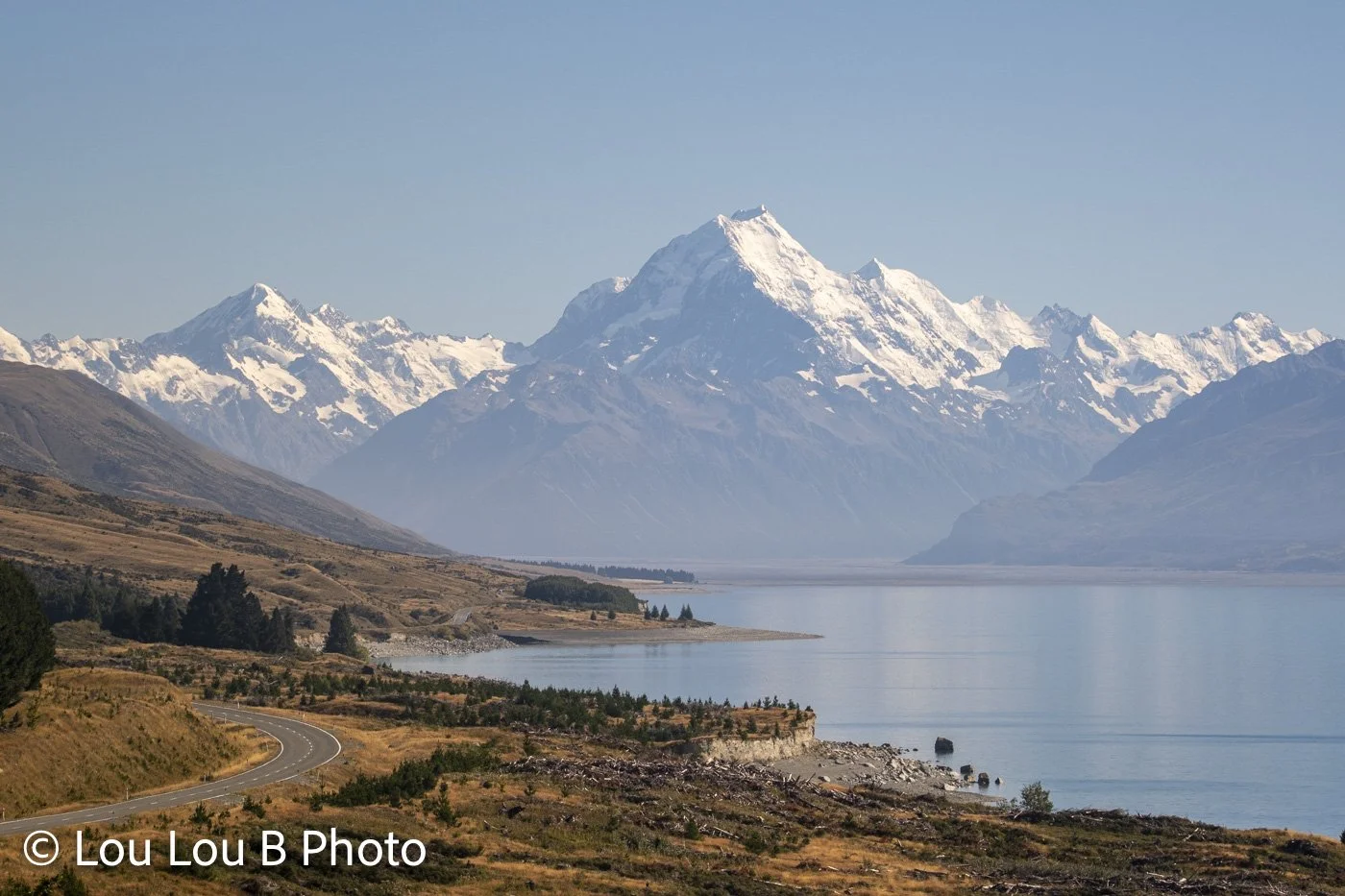 Aoraki / Mount Cook above Lake Pukaki and the road to Mount Cook, New Zealand