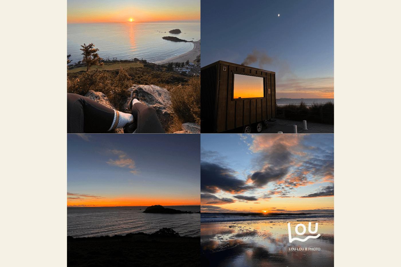 Early morning sunrise scenes around Mount Maunganui including coastal viewpoints, beach reflections and shoreline walks