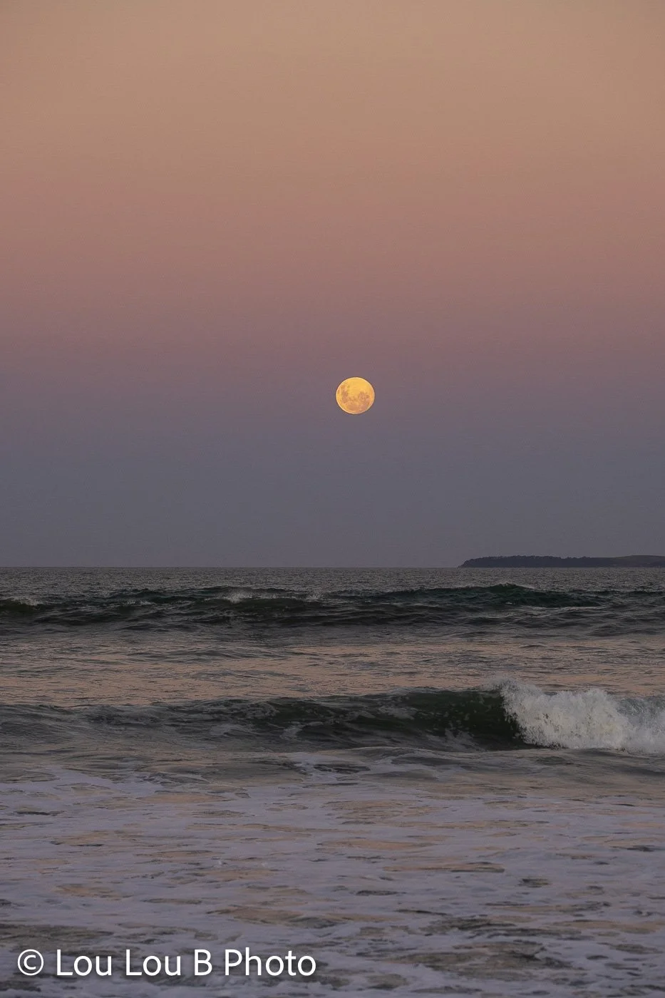 Small golden full moon rising above the ocean beneath a pink and blue twilight sky.
