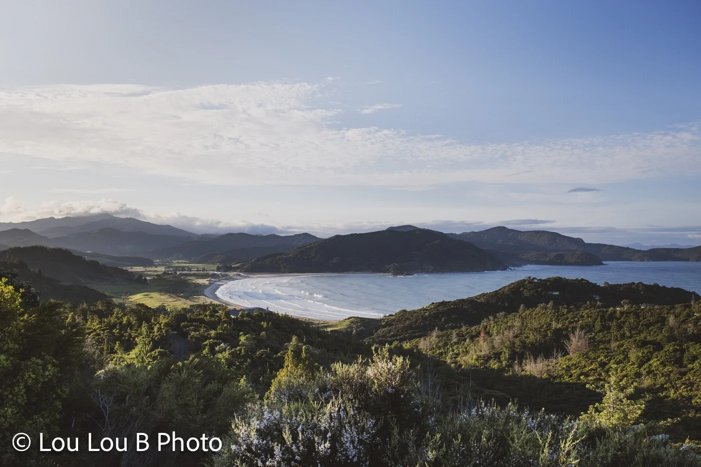 Waikawau Bay and surrounding coastal landscape viewed from above, Coromandel Peninsula, New Zealand
