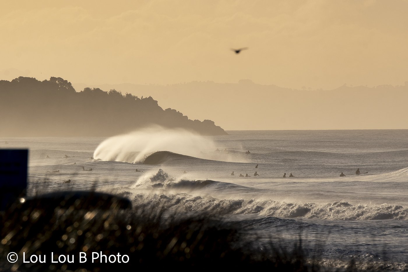 Offshore wind blowing white spray from breaking waves beneath a hazy golden sky and distant headland.