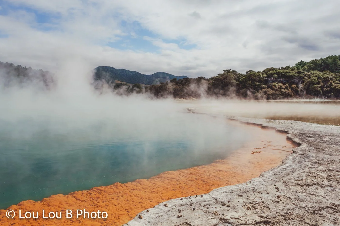 Wai-O-Tapu geothermal pool with colourful mineral terraces and steam, Rotorua, New Zealand