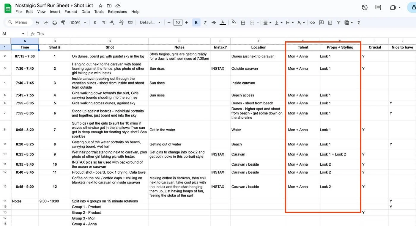 Shot list example showing how looks and talent are added to the shot list