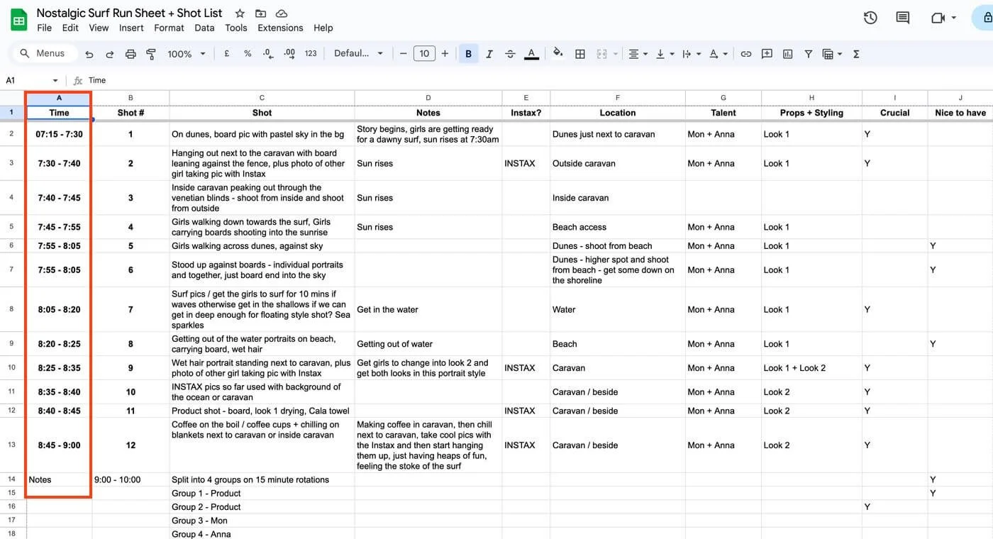 Example brand photography shot list showing planned timings for photoshoot
