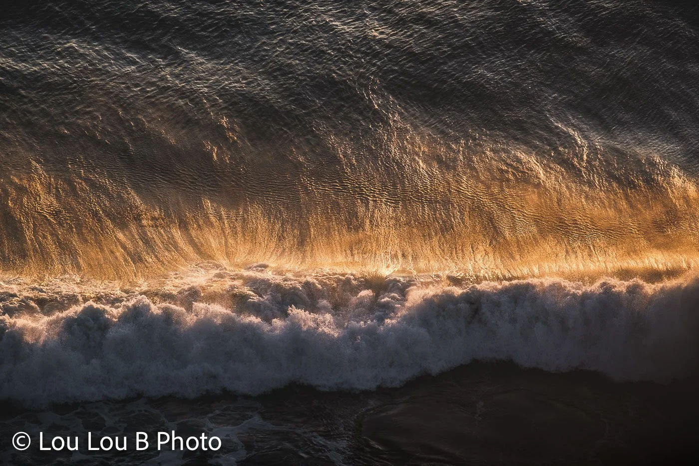 Powerful breaking wave backlit by golden sunlight with offshore spray streaming from the crest.