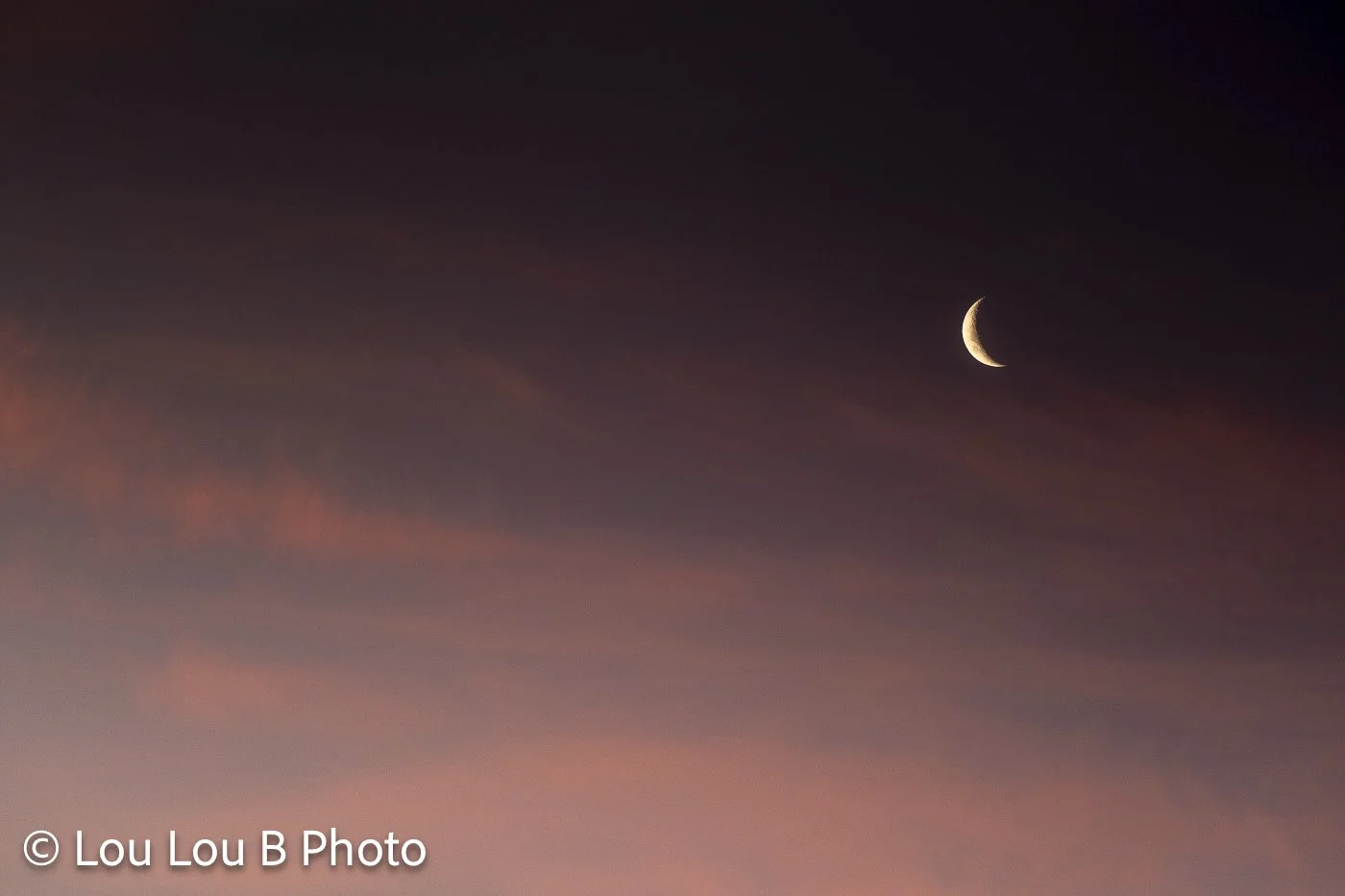 Golden crescent moon beneath dramatic dark clouds in a dusky pink and purple sky.