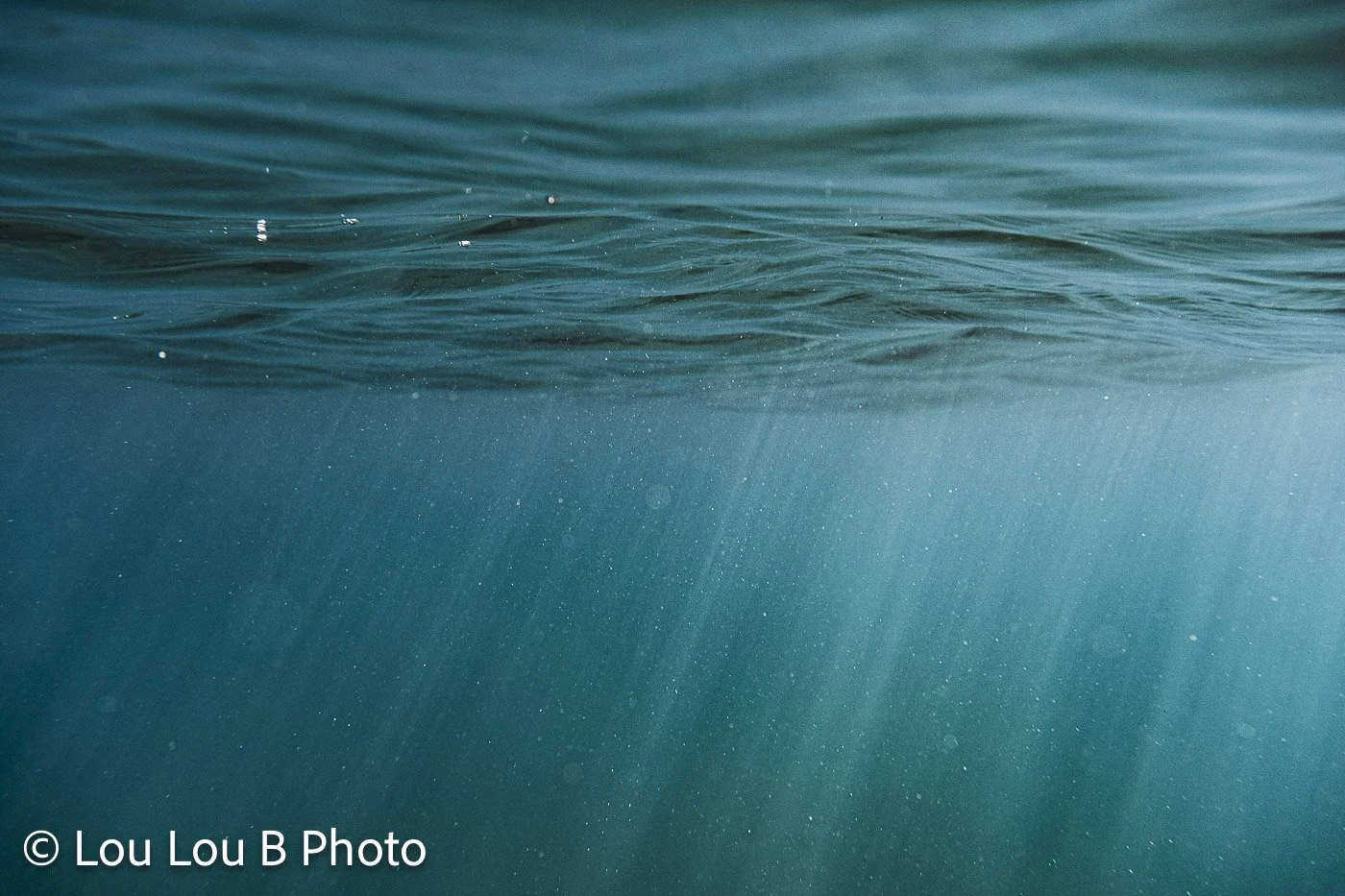 Underwater view of turquoise ocean with sunlight filtering beneath the surface.