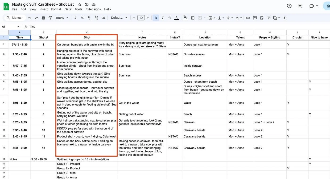 Shot list example showing how to compile the core shot list