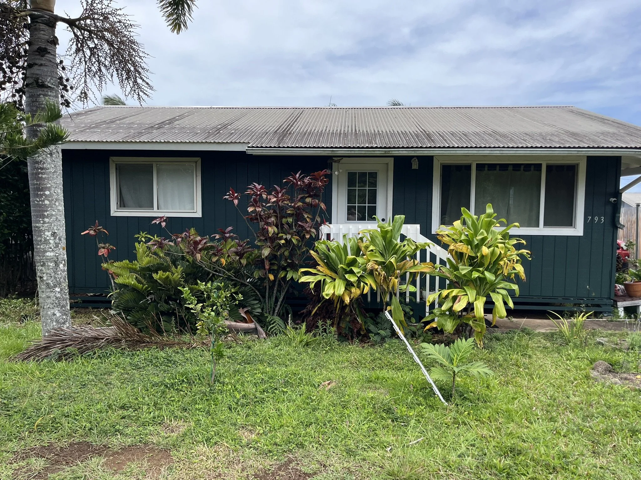 Exterior house painting in Maui - dark blue home with white door and window trim, surrounded by lush landscaping, by Maui Home Refinishing.