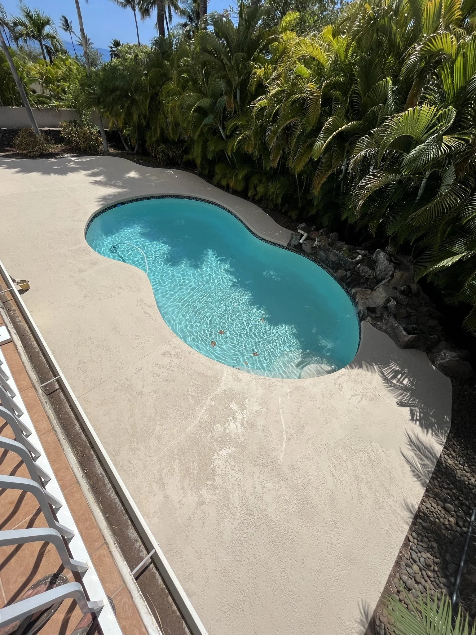 Exterior painting and refinishing project at a Maui home - curved swimming pool with concrete patio and tropical landscaping, by Maui Home Refinishing.