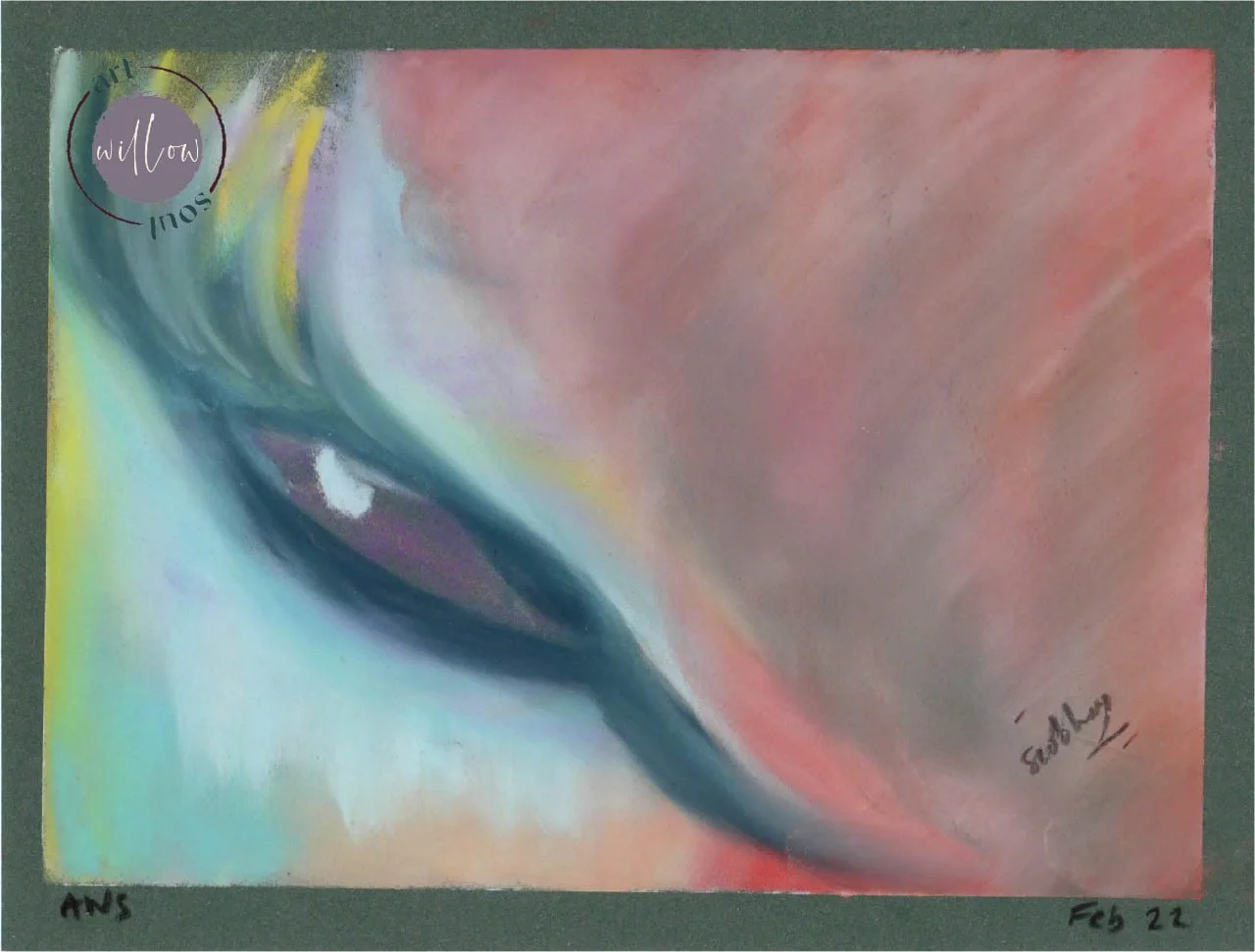 Abstract artwork with soft flowing forms in muted pink, teal, and neutral tones