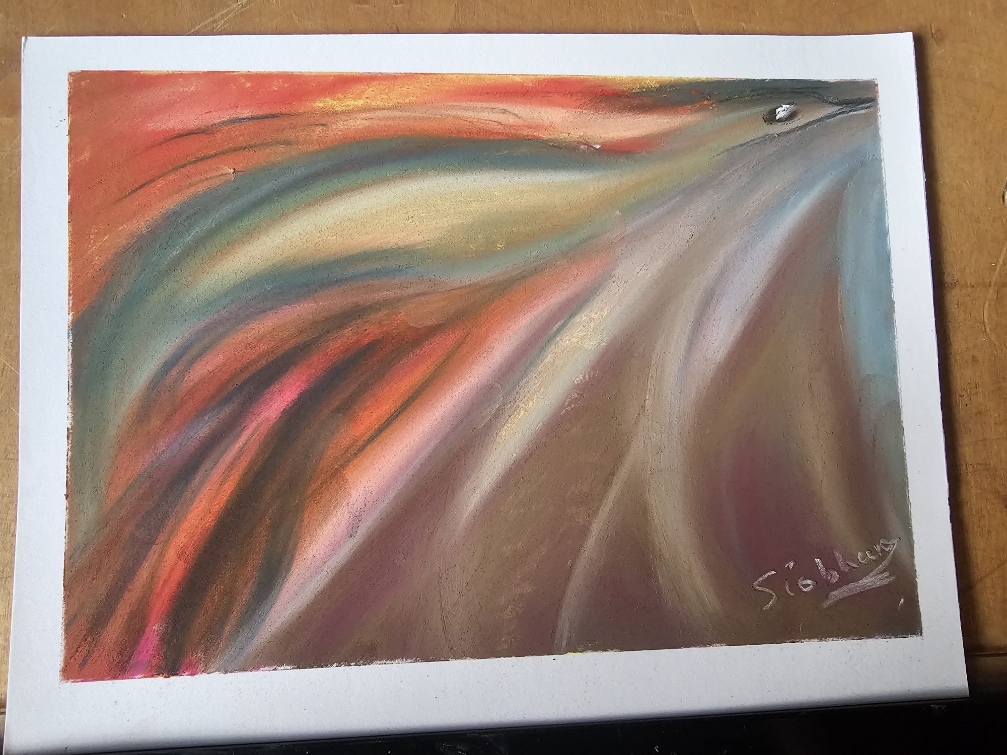 Abstract pastel artwork in violet, gold, and earth tones, suggestive of movement and flame.
