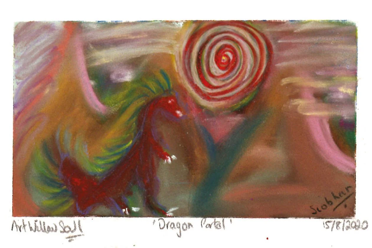 Illustrated dragon portal surrounded by violet and amethyst light, with swirling flame-like energy