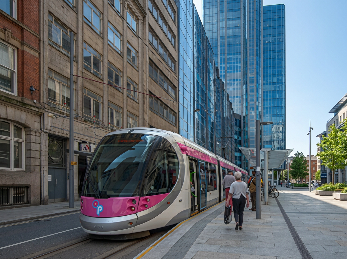 Modern pink and gray tram arriving at a city street stop with pedestrians boarding and modern office buildings in the background.