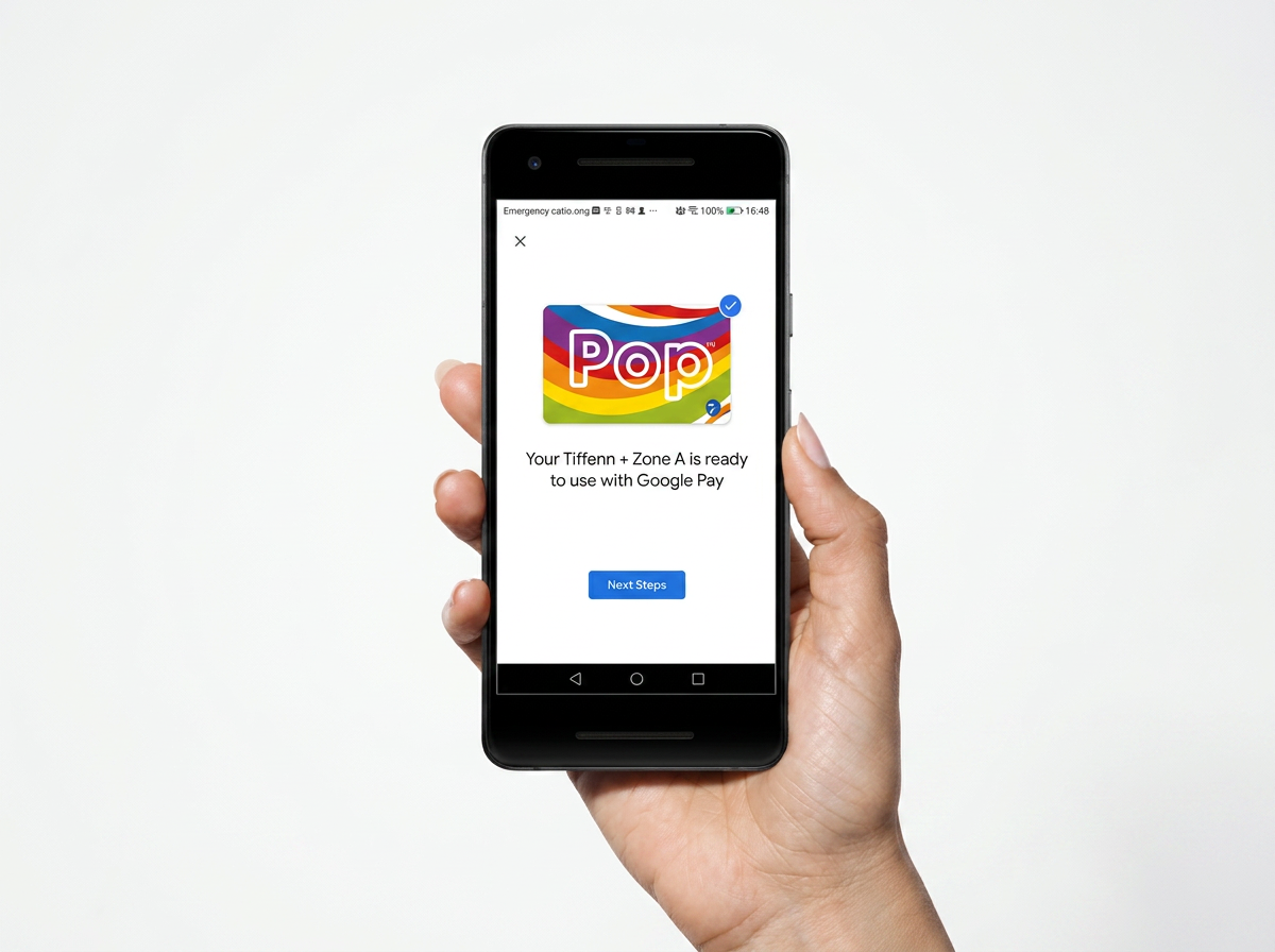 Hand holding a smartphone displaying a screen with a Google Pay confirmation for a Nexus POP card.