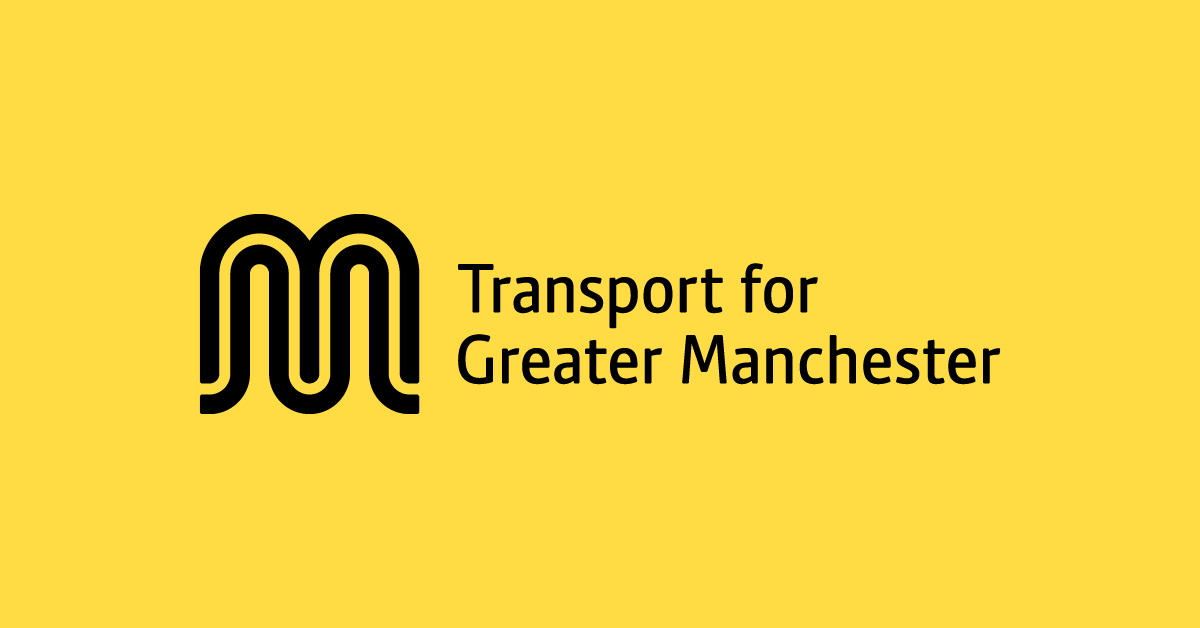 Logo for Transport for Greater Manchester, featuring a black stylized 'M' on a yellow background
