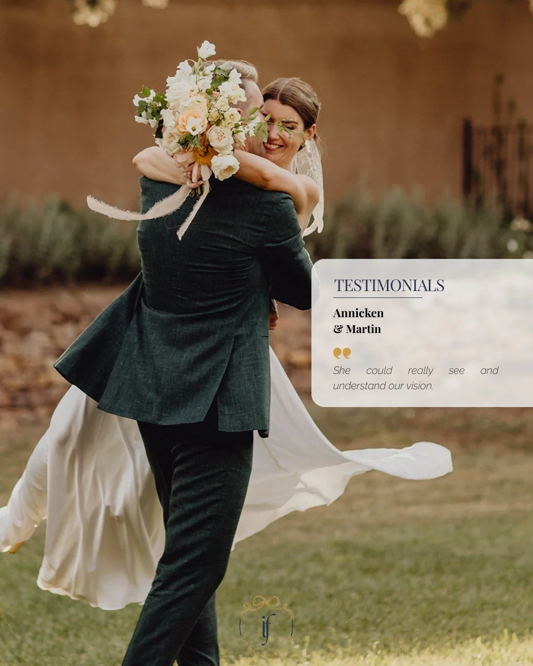 "When I look back, I think it was absolutely perfect."
That's Annicken &amp; Martin. They came to me with a vision &mdash; clear, refined, deeply personal. My job was to see it, understand it, and bring it to life.
Through moodboards, caref