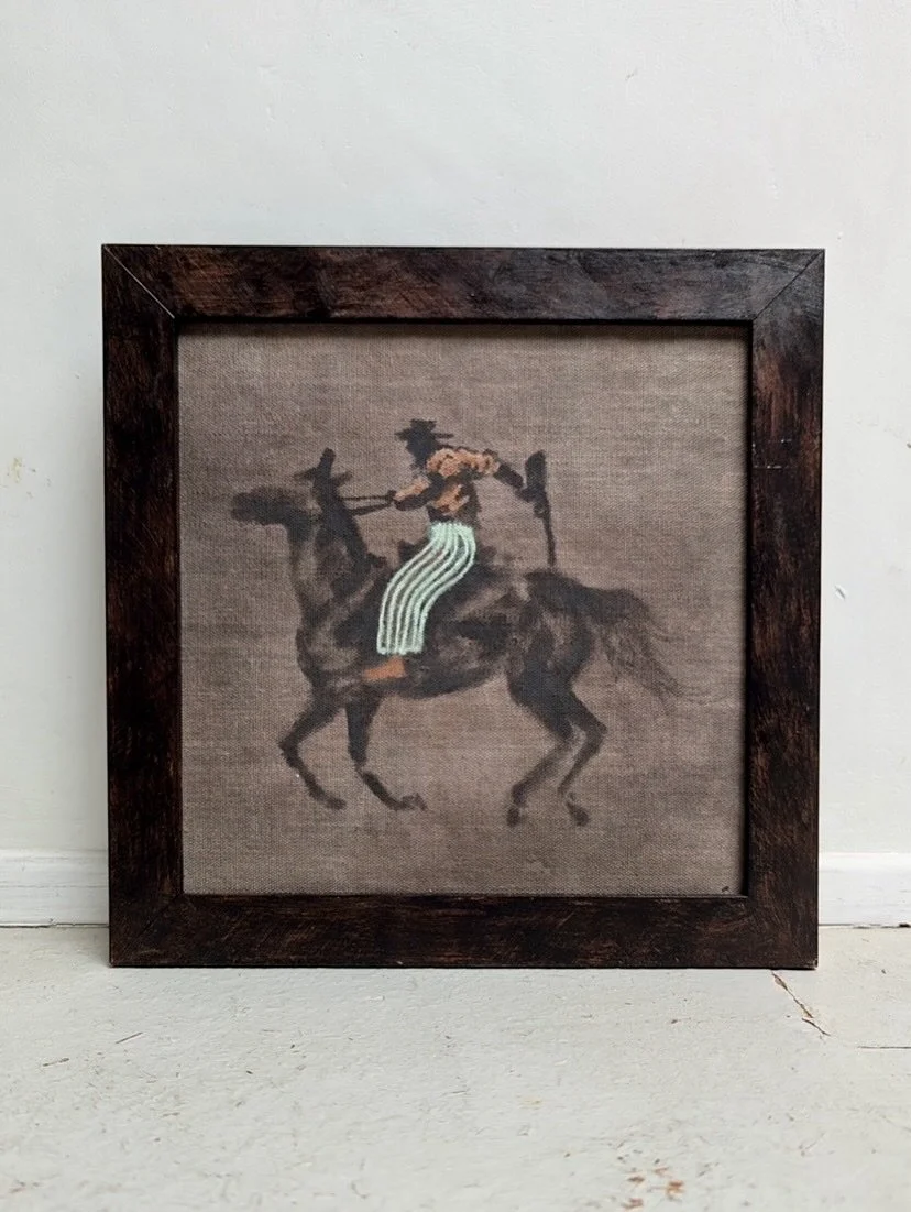 &lsquo;Leg it&rsquo; - oil &amp; chalk paint on canvas (25 x 25cm)
&bull;
The first cowboy of the western collection that set the tone for what began to follow. Playing with scale always gives me a chance to explore what I like about a sketch or desi