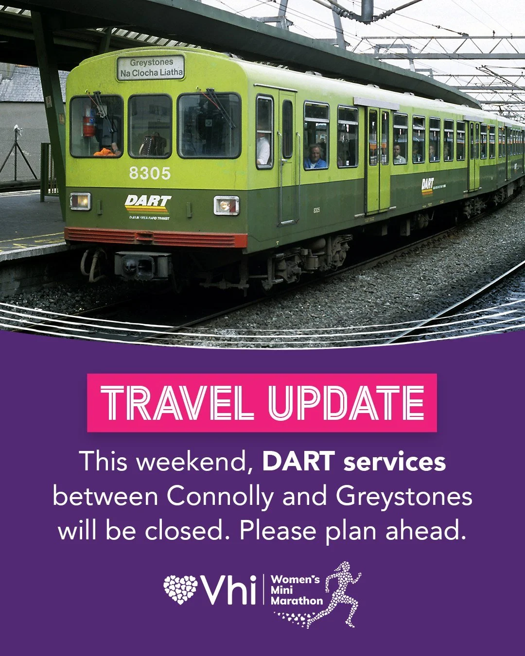 Please note that the DART line between Dublin Connolly and Greystones will be closed during the event weekend. 🚆

If you&rsquo;re travelling by public transport, make sure to plan your journey in advance so you can arrive and get home safely and on 