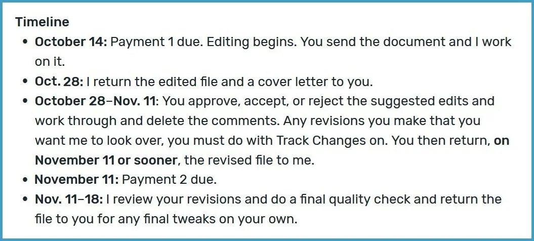 Sample timeline from Reedsy Marketplace editing quote, showing dates and deliverables.