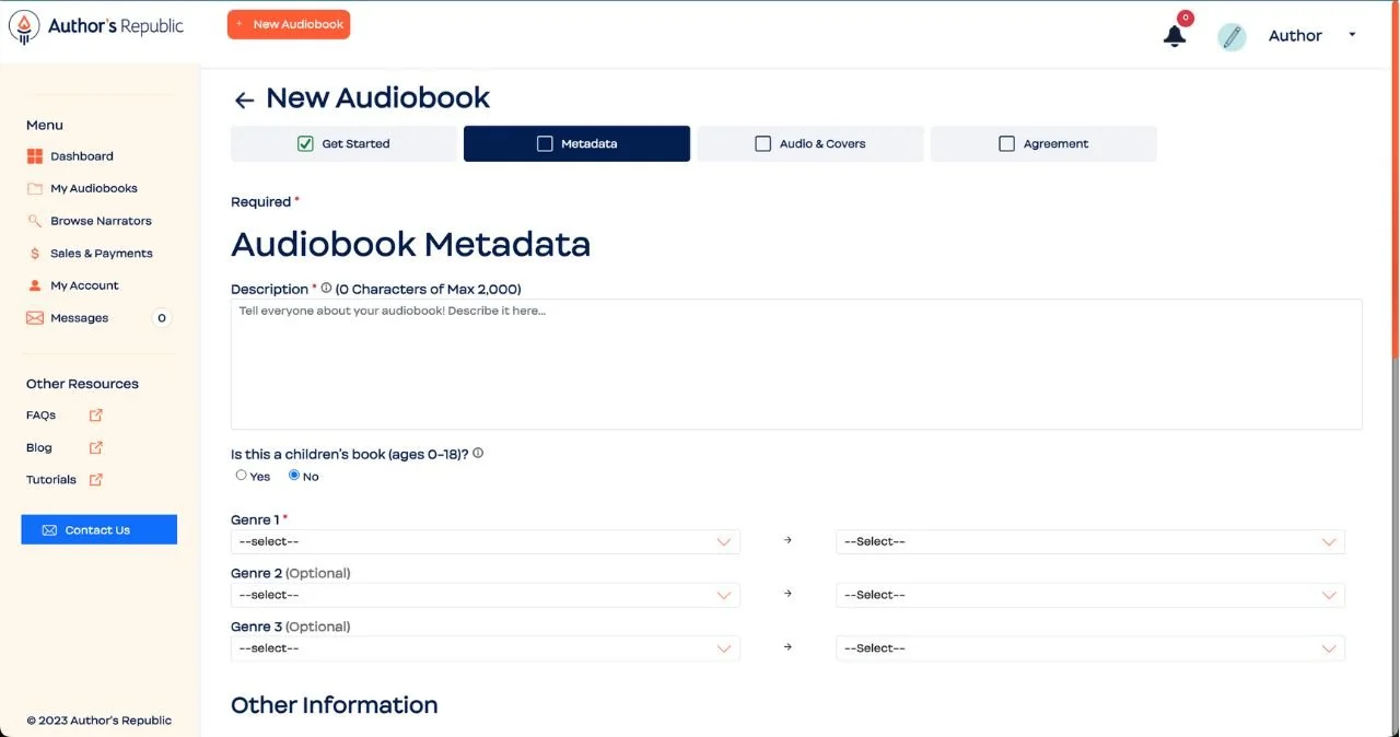 Author's Republic metadata upload audiobook for distribution